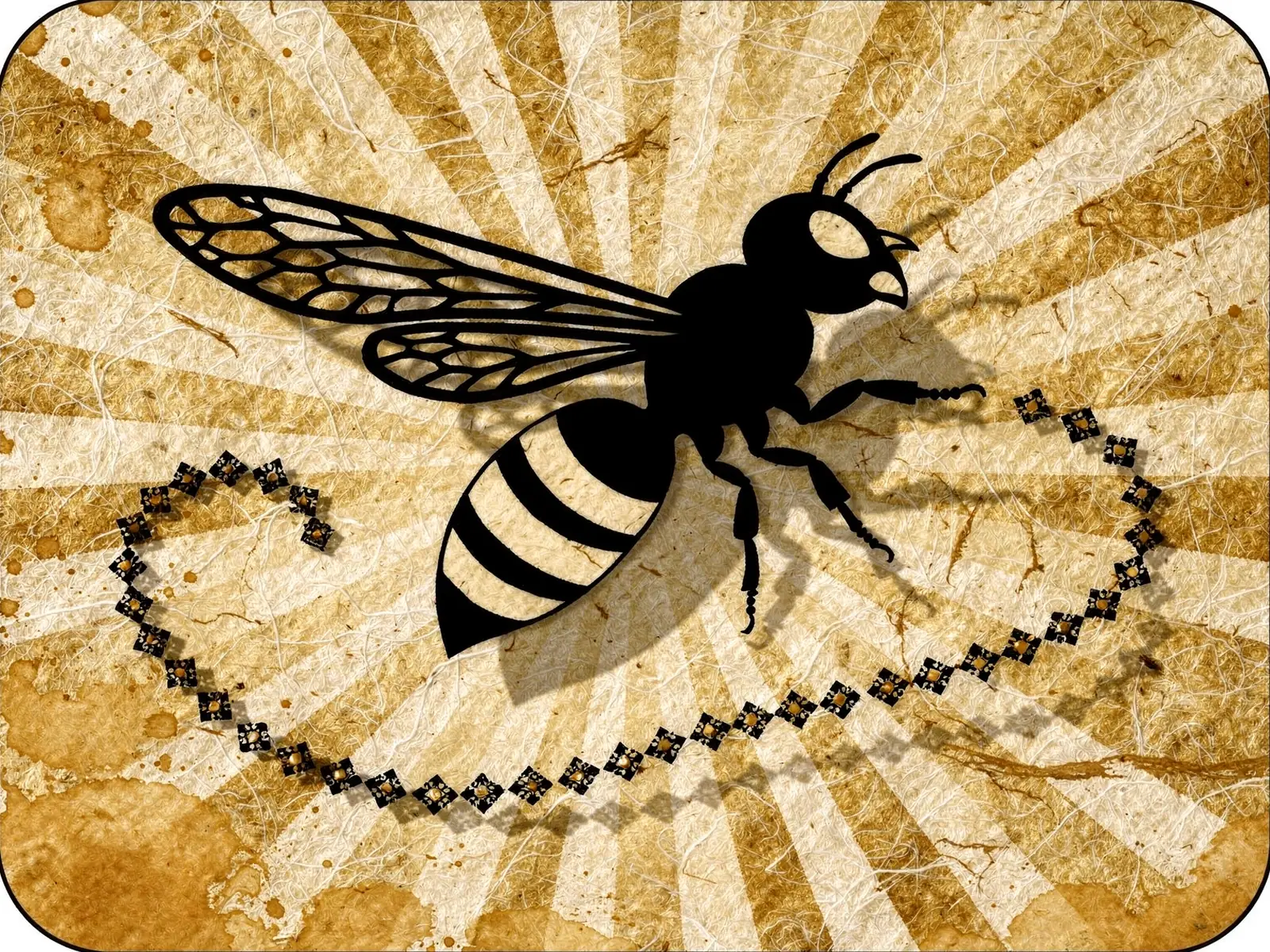 paper-cut honeybee mid waggle dance against a honey-gold sunburst