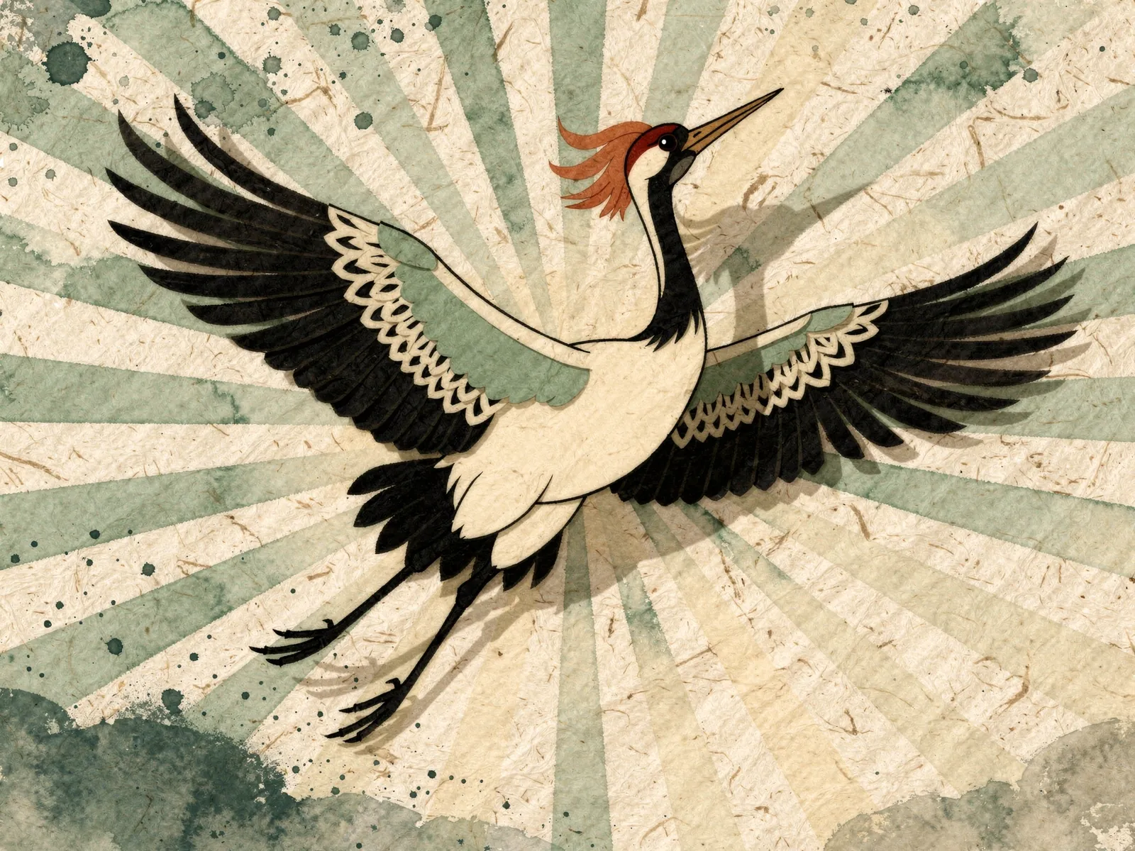 paper-cut crane mid-dance, wings unfurled against a sage sunburst
